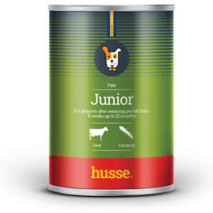 pâté au veau pour chiot junior en bonne santé avec husse