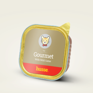 Pâtée gourmet gibier pour chat en bonne santé avec husse