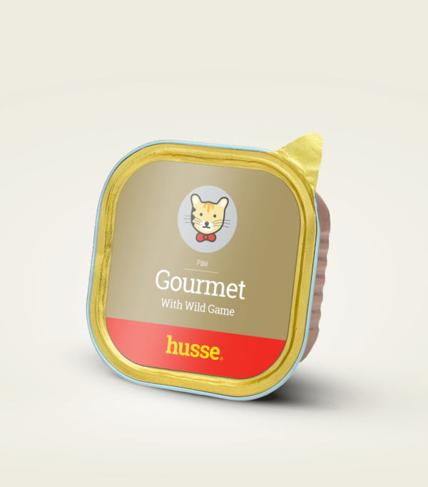 Pâtée gourmet gibier pour chat en bonne santé avec husse